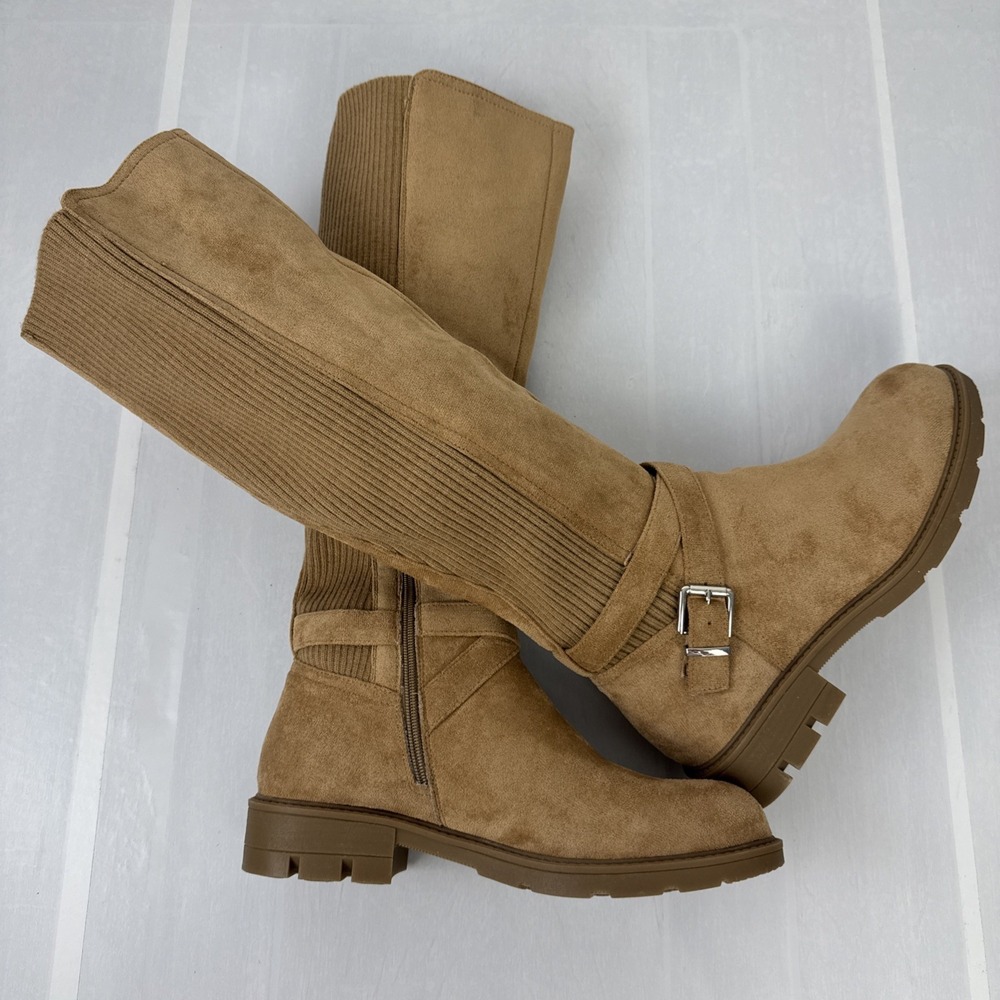 Boutique By Corkys Tall Boots Women 10 Sand Suede Hayride Lug Sole Buckle Zip